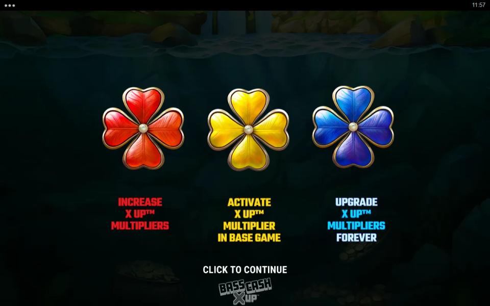 Bass Catch Super Luck splash card with red, gold and blue four-leaf clovers and the Bass Cash X Up logo