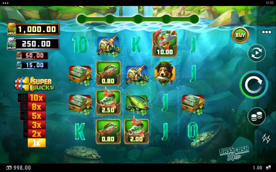 Base game board holding five cash bass worth 0.80, 2.50, 0.80, 2.00 and 10.00 with no Fisherman on reel 1 or reel 5