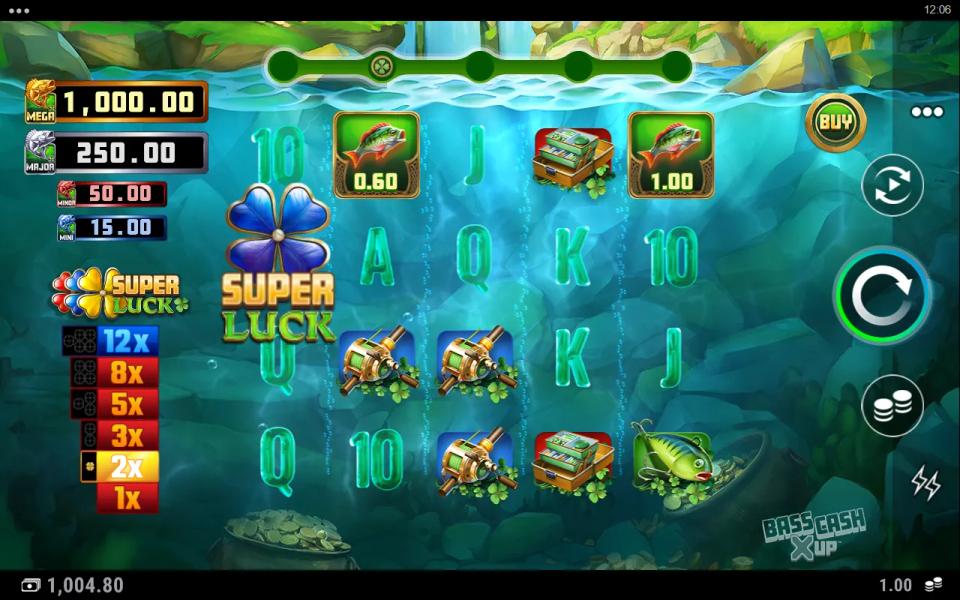 A blue clover scatter landing on reel 1 while the X Up ladder on the left shows its top rung upgraded from 10x to 12x