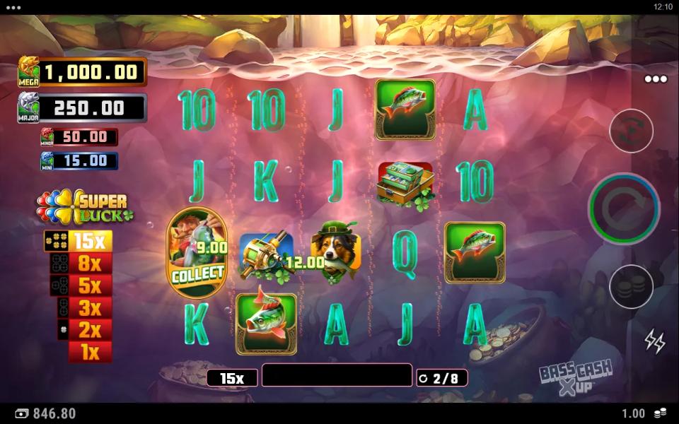Bought free spins at the 15x level, a Fisherman Collect on reel 1 reeling in cash bass worth 9.00 and 12.00