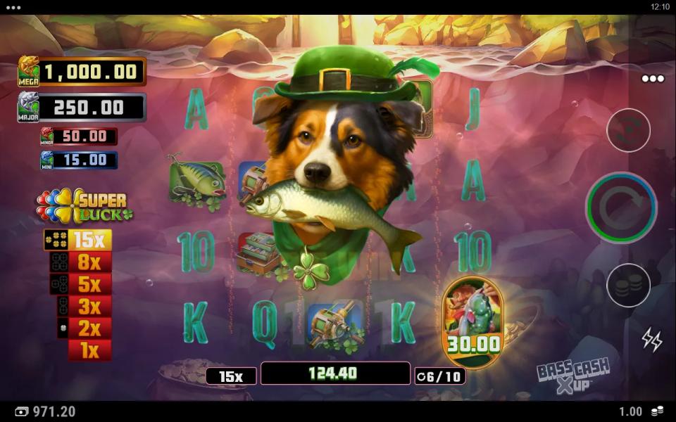 Free spins counter at 6 of 10 after a retrigger, with a Fisherman on reel 5 collecting 30.00 at the 15x level