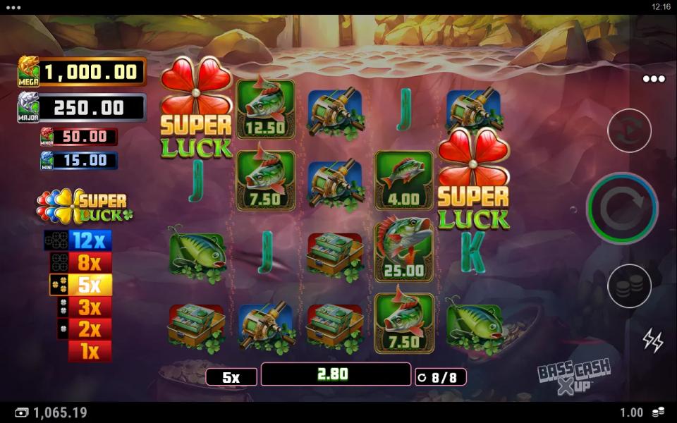 Last free spin at the 5x level with five cash bass worth 12.50, 7.50, 4.00, 25.00 and 7.50 and no Fisherman on either edge