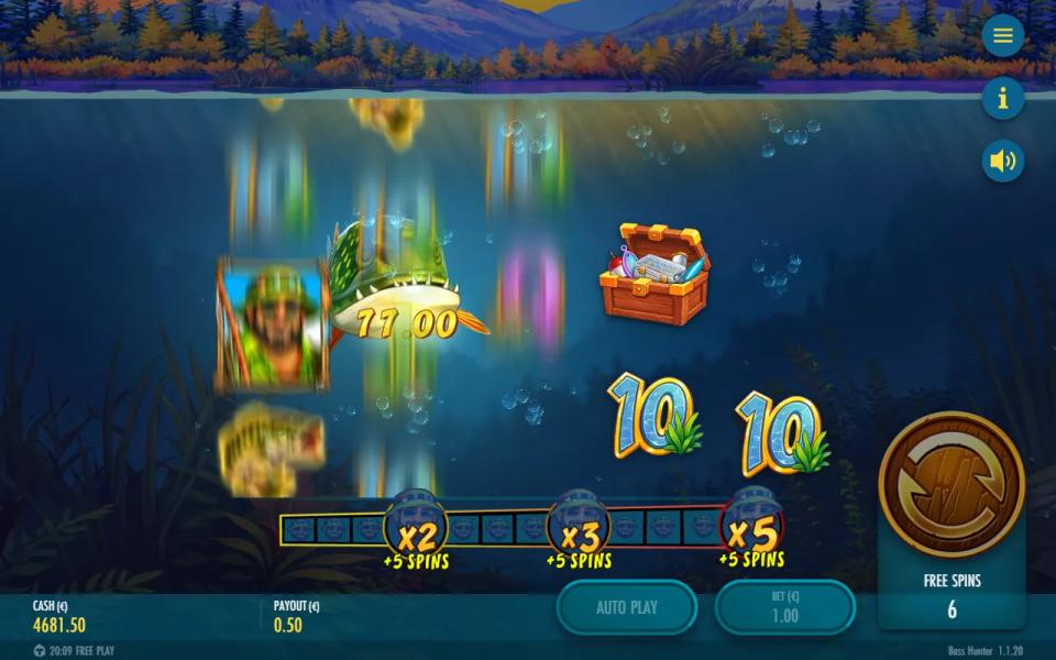 The Hunter pike holding a 77.00 bank in the middle of the reels while a Fisherman card drops onto reel 1