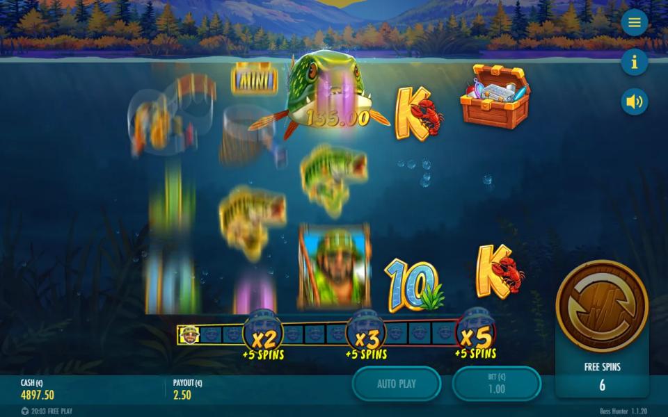 The Hunter pike carrying a 135.00 bank at the top of the reels during respins in the 80x bonus, with no Fisherman on the board to collect it
