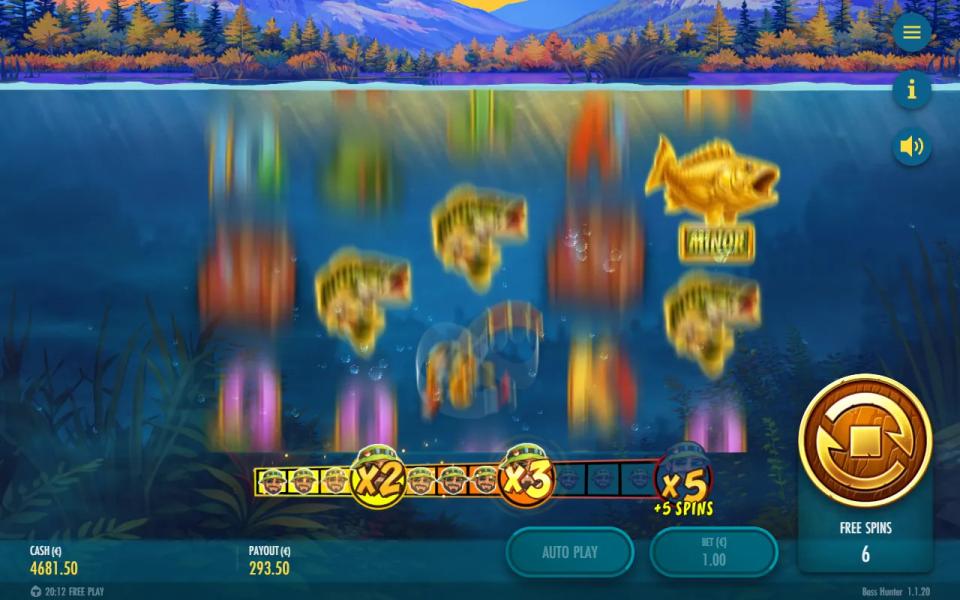 The Fisherman Meter under the reels with its x2 and x3 levels lit and the x5 level still dark, a Minor Jackpot Fish on reel 5