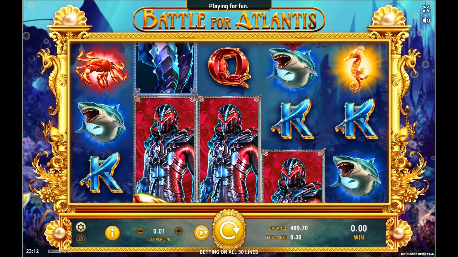 Battle for Atlantis slot gameplay showing the 5x3 reels with Poseidon, armored warriors, a mermaid wild and shark symbols