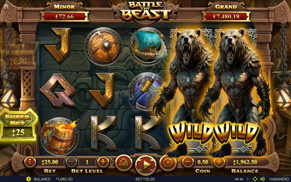 Armoured bear wild towering over two full reels after winning a duel in Battle The Beast