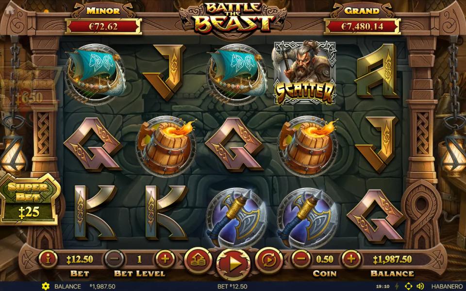 Battle The Beast base game with an axe-wielding viking scatter on reel four