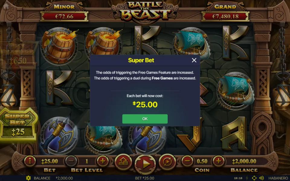 Battle The Beast Super Bet popup doubling the stake for better bonus odds