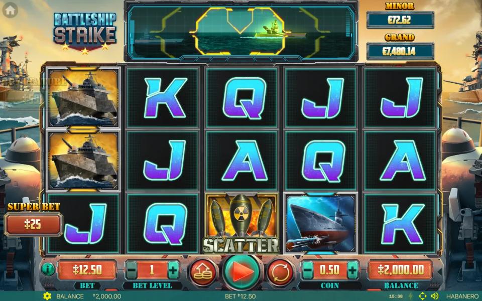 Battleship Strike slot base game with warship symbols on a 5x3 grid, a radar display above the reels and Minor and Grand jackpot meters