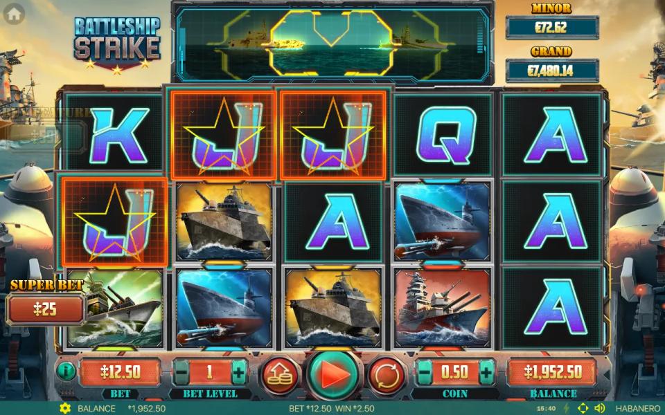 Three jack symbols highlighted on a payline of the Battleship Strike 5x3 grid