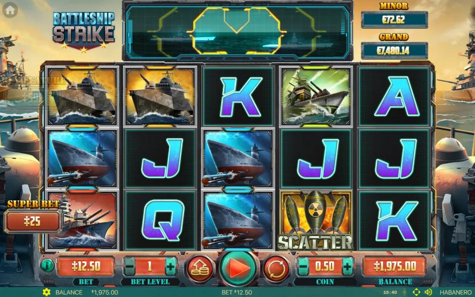 A single bomb scatter symbol on reel four of the Battleship Strike base game grid