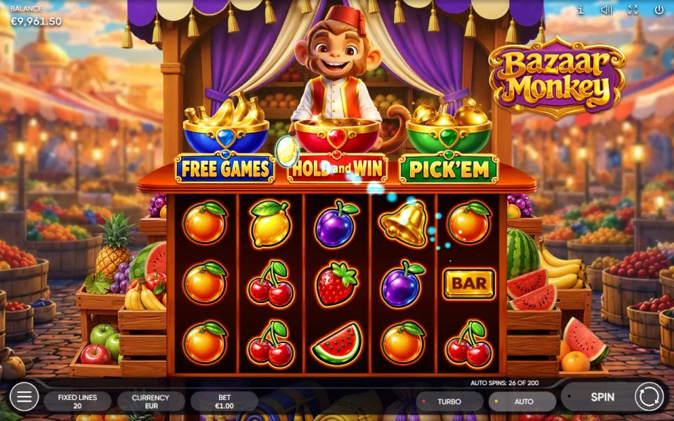 Bazaar Monkey base game: a blue amulet flies off the 5x3 fruit reels toward the Free Games bowl above them