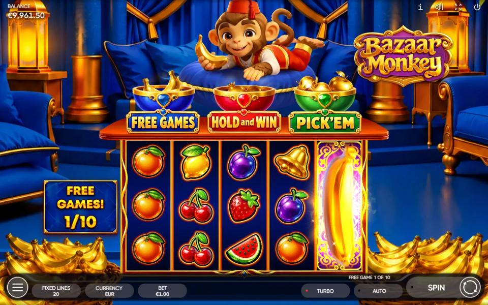 Bazaar Monkey Free Games, game 1 of 10, with the golden wild banana covering the whole of reel 5