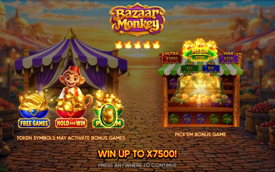 Bazaar Monkey loading screen with the three bowls and the Pick'em prize board from MIN x25 to MEGA x2500, promising wins up to x7500