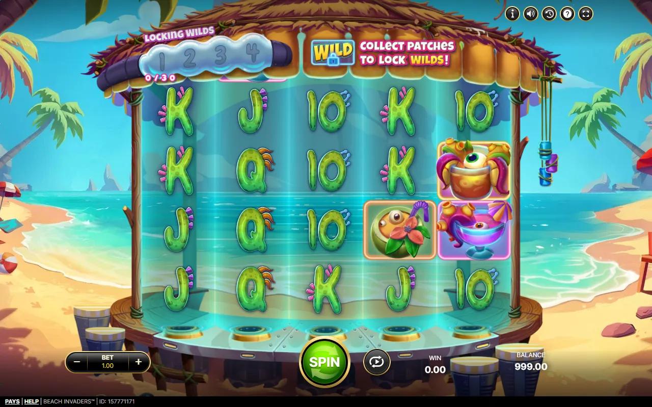 Beach Invaders slot gameplay showing the 5x4 tiki bar reels with alien cocktail symbols and the locking wilds meter