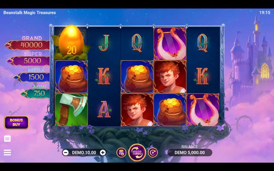 Beanstalk Magic Treasures 5x3 reels above the clouds with the four fixed jackpot meters down the left side and a golden egg marked 20 on the first reel