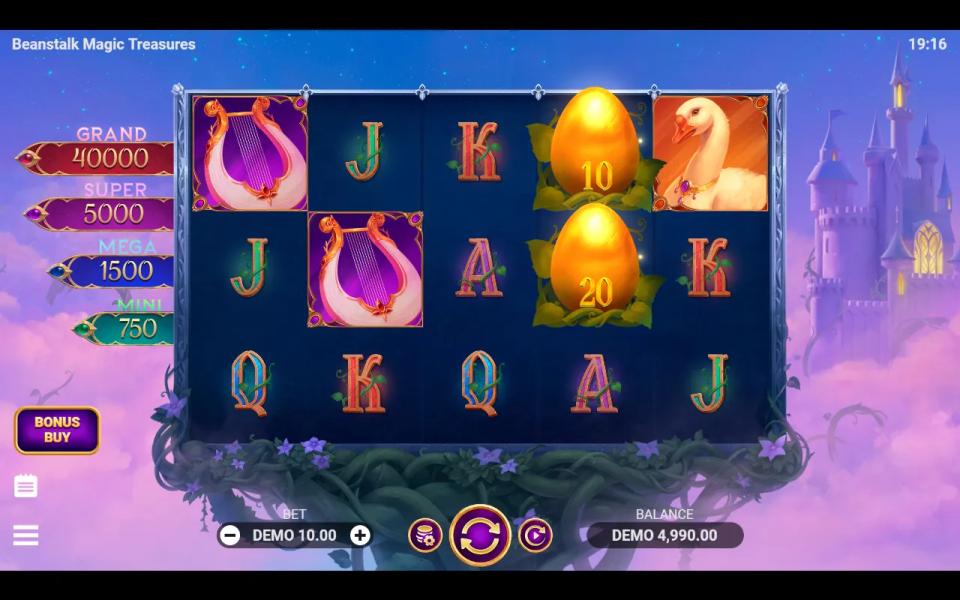 Beanstalk Magic Treasures base game with two golden egg bonus symbols showing cash values of 10 and 20