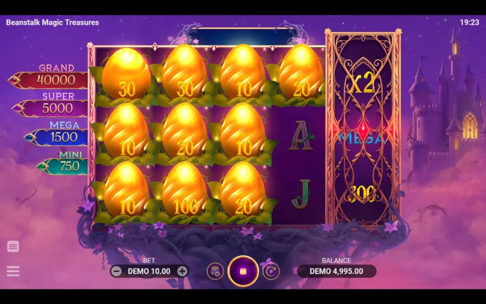 Beanstalk Magic Treasures bonus game with ten of twelve positions filled by golden eggs and two royal symbols blocking the fourth reel
