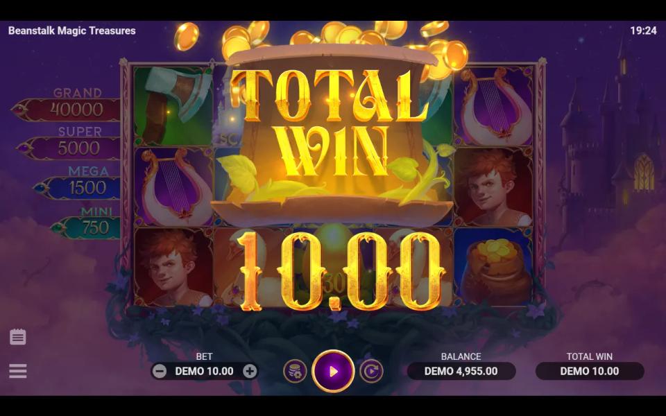 Beanstalk Magic Treasures free spins round ending with a total win of 10.00 on a 10.00 stake