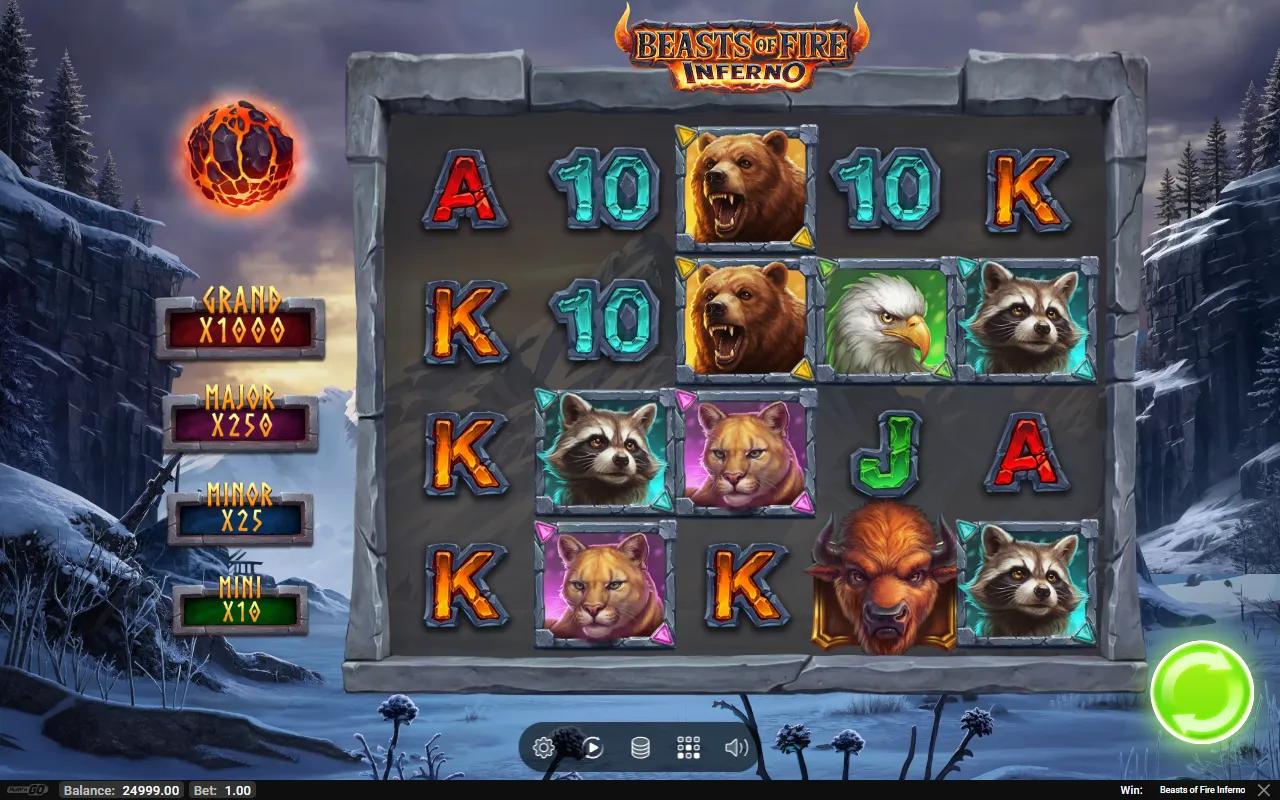Beasts of Fire Inferno slot 5x4 grid with grizzly, eagle and buffalo symbols beside the GRAND MAJOR MINOR MINI jackpot plates