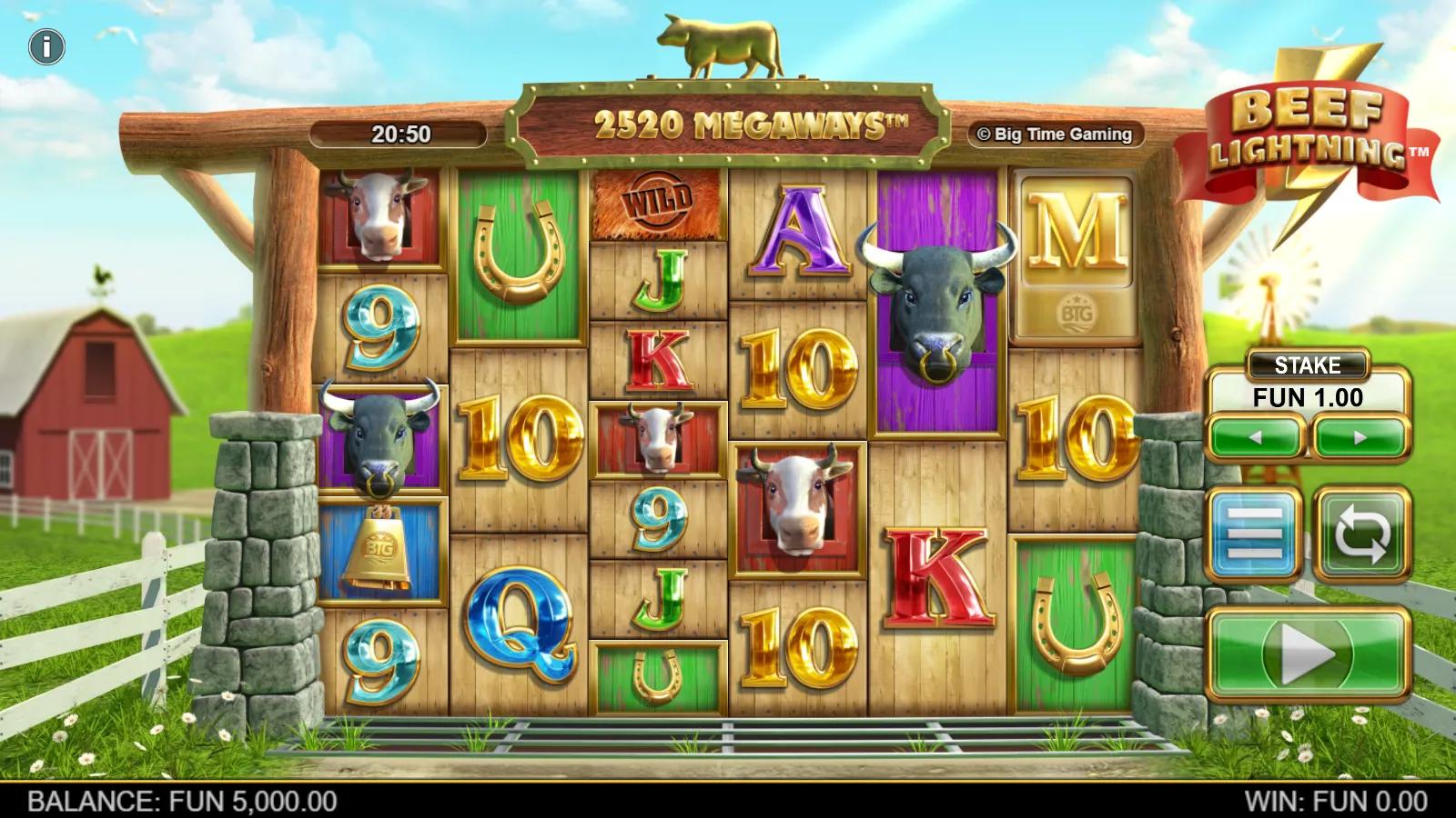 Beef Lightning Megaways slot base game showing bull, cow, cowbell and horseshoe symbols on a green farm