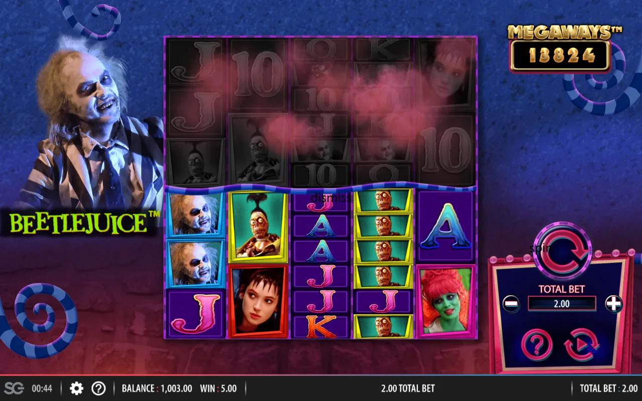 Beetlejuice Megaways grid with striped suit character beside reels showing character symbols and royals