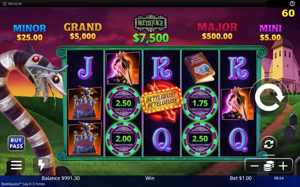 Beetlejuice Say It 3 Times base game with four mystery coins showing cash prizes and a Betelgeuse marquee scatter, and no win on the spin