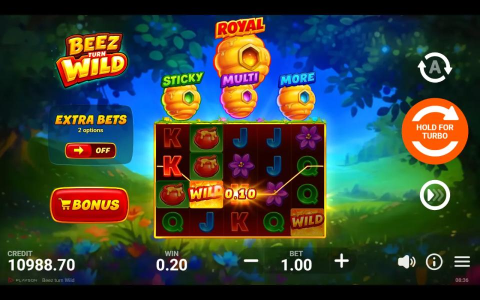 Beez turn Wild 5x4 base game grid where a wild completes a payline worth a tenth of the stake