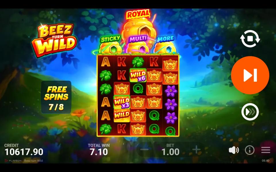 Beez turn Wild Royal Free Spins with sticky wild symbols carrying x6 and x3 multipliers on a six-row grid