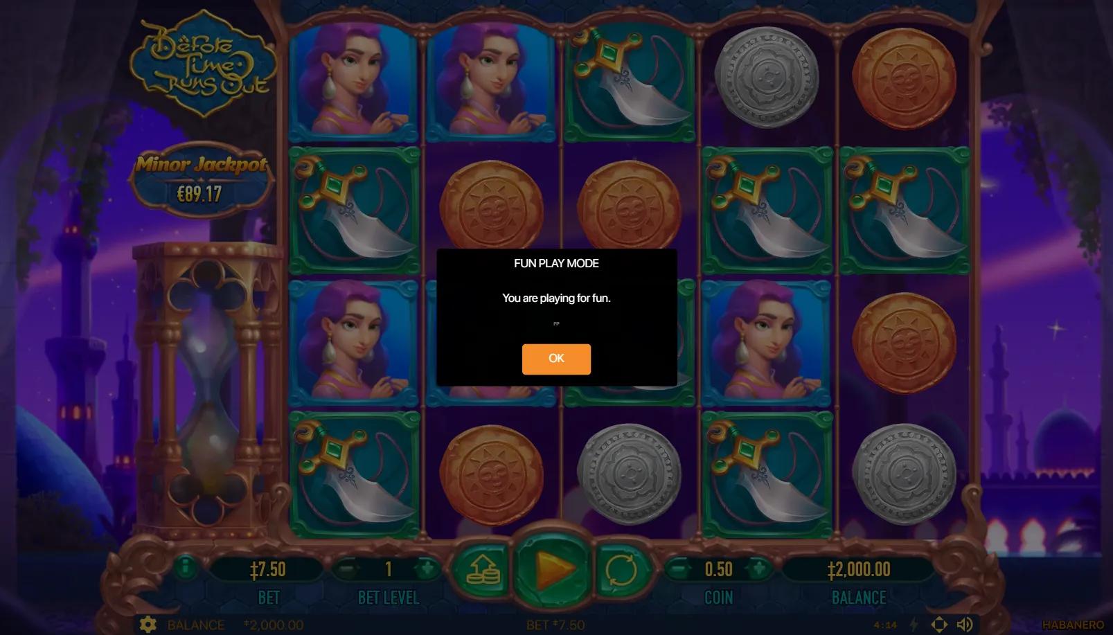 Before Time Runs Out slot gameplay showing 5x4 grid with princess, scimitars, coin symbols and brass hourglass on Arabian dusk backdrop