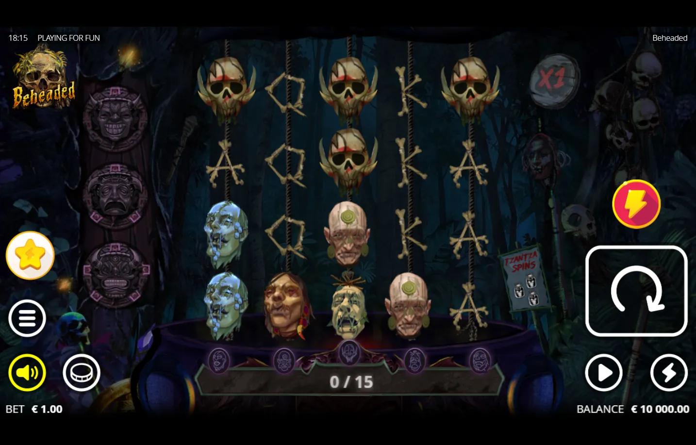 Beheaded slot gameplay showing 5x4 grid with Soul Wild collectors and Progression Bar in Amazonian shrunken-head ritual