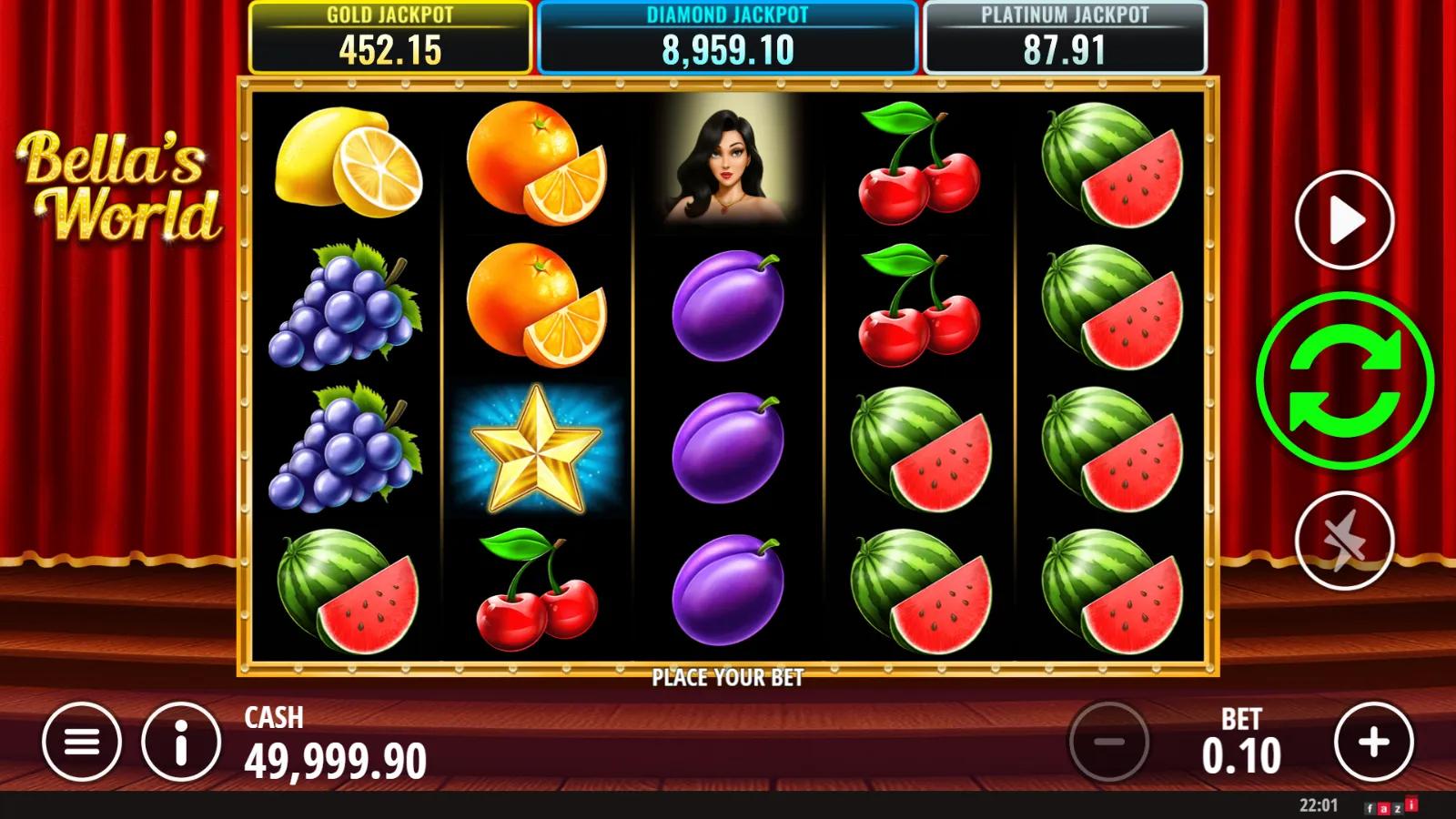 Bella's World slot gameplay showing 5x4 fruit reels with Bella the lady wild, gold star scatter and jackpot meters