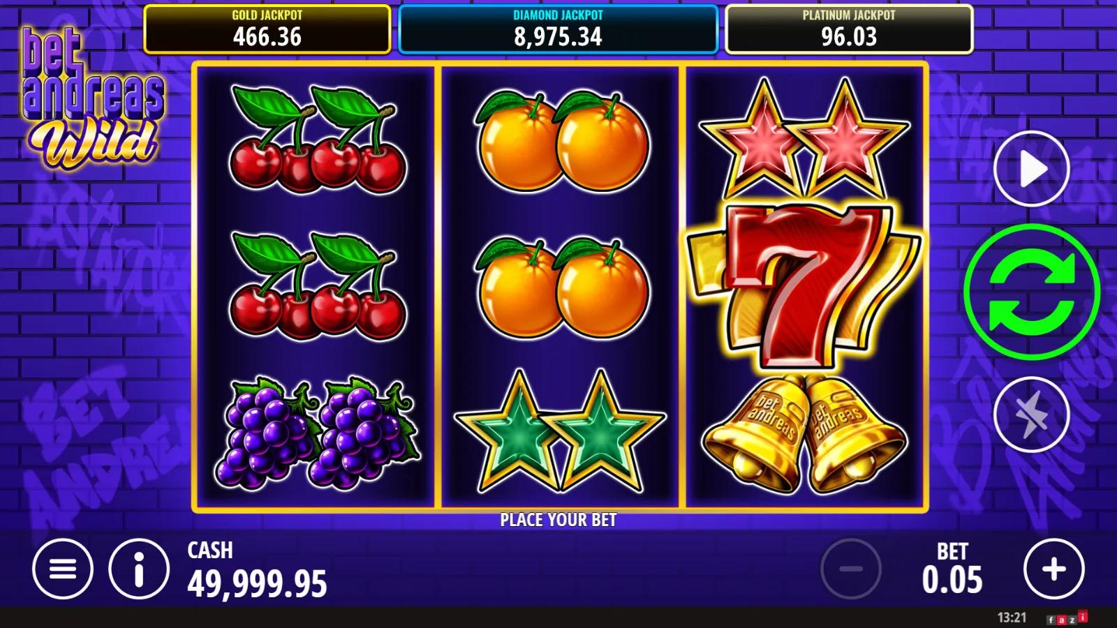Bet Andreas Wild slot gameplay showing 3x3 fruit grid with red 7, branded BAR, stars and 3 mystery jackpots