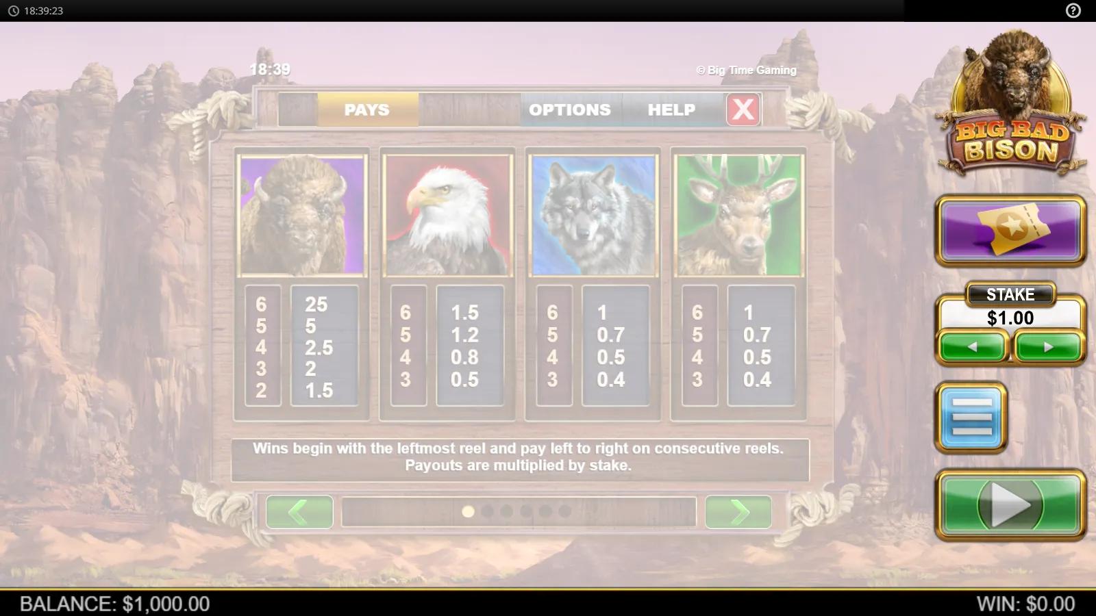 Big Bad Bison slot PAYS screen showing bison, eagle, wolf and deer symbol payouts over red-rock canyons