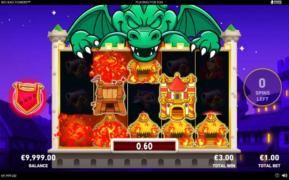 Big Bad Towers free games over: frames on the 5x3 castle grid have turned into burning towers of different levels, with the prize counter under the reels