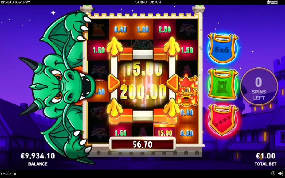 A level-four tower's prize reel spinning over the six-row grid while smaller towers show prizes of 0.40x to 15x around it