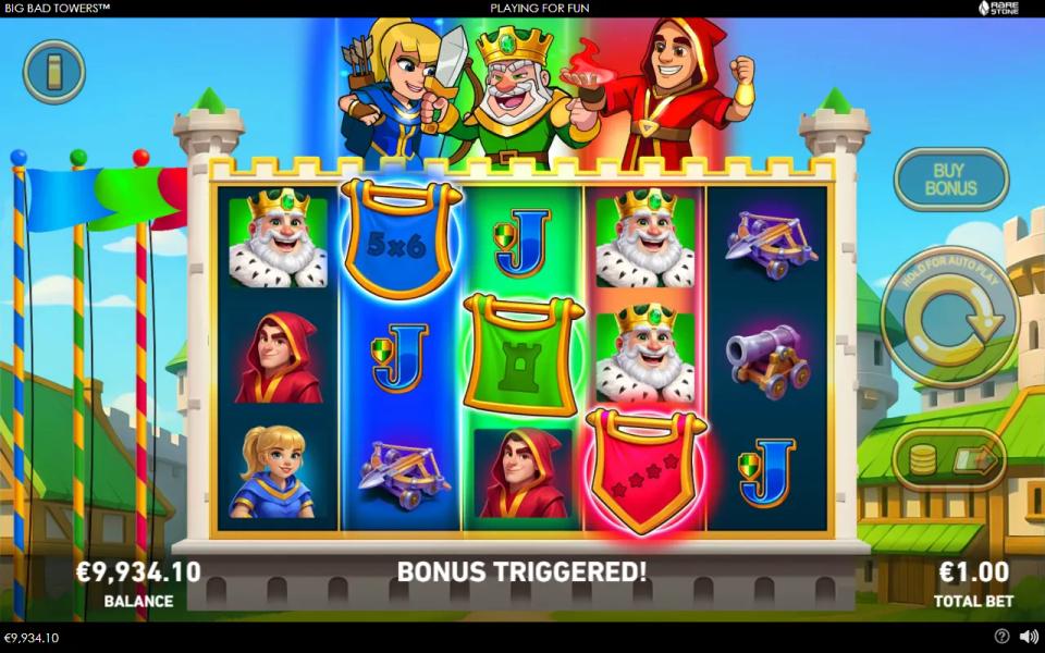 Big Bad Towers bought trigger spin with the blue, green and red flags on reels 2, 3 and 4 and all three characters lit above the reels