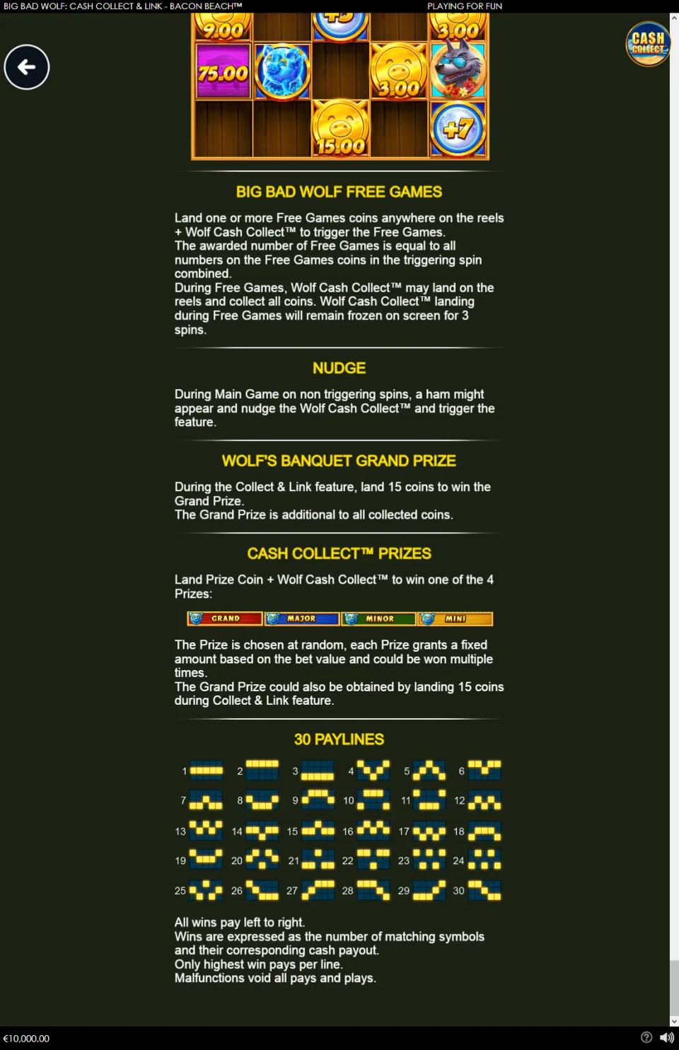 Big Bad Wolf Bacon Beach info panel showing the Collect and Link board with cash coins, the Free Games and Nudge rules, the Wolf's Banquet Grand Prize, the four Cash Collect prize bars and all thirty payline diagrams