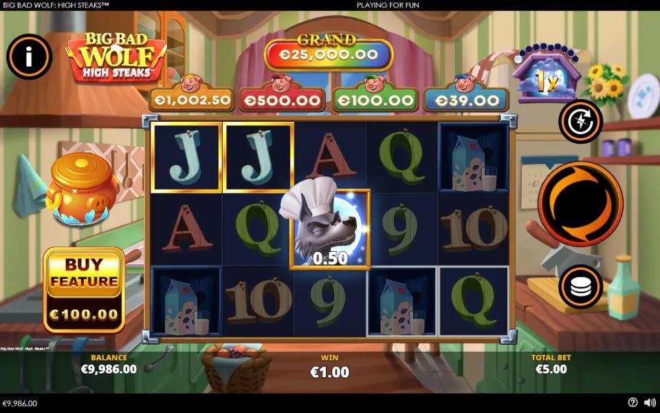 Big Bad Wolf High Steaks 5x3 grid with the wolf wild framed in the centre Hot Zone and the four pig prize meters above the reels
