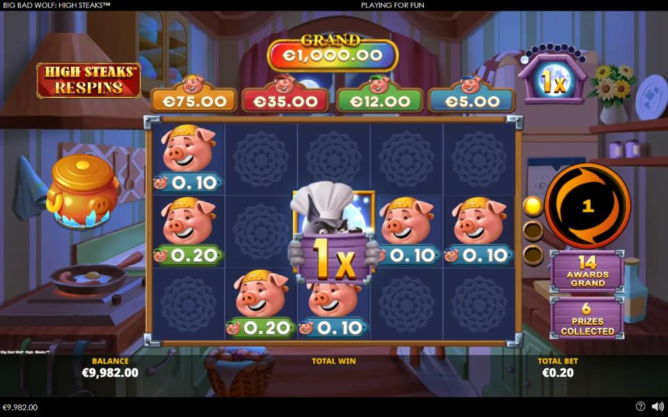High Steaks Respins board with six cash-prize pigs collected, the sticky wolf holding a 1x multiplier and a plaque reading 14 awards grand