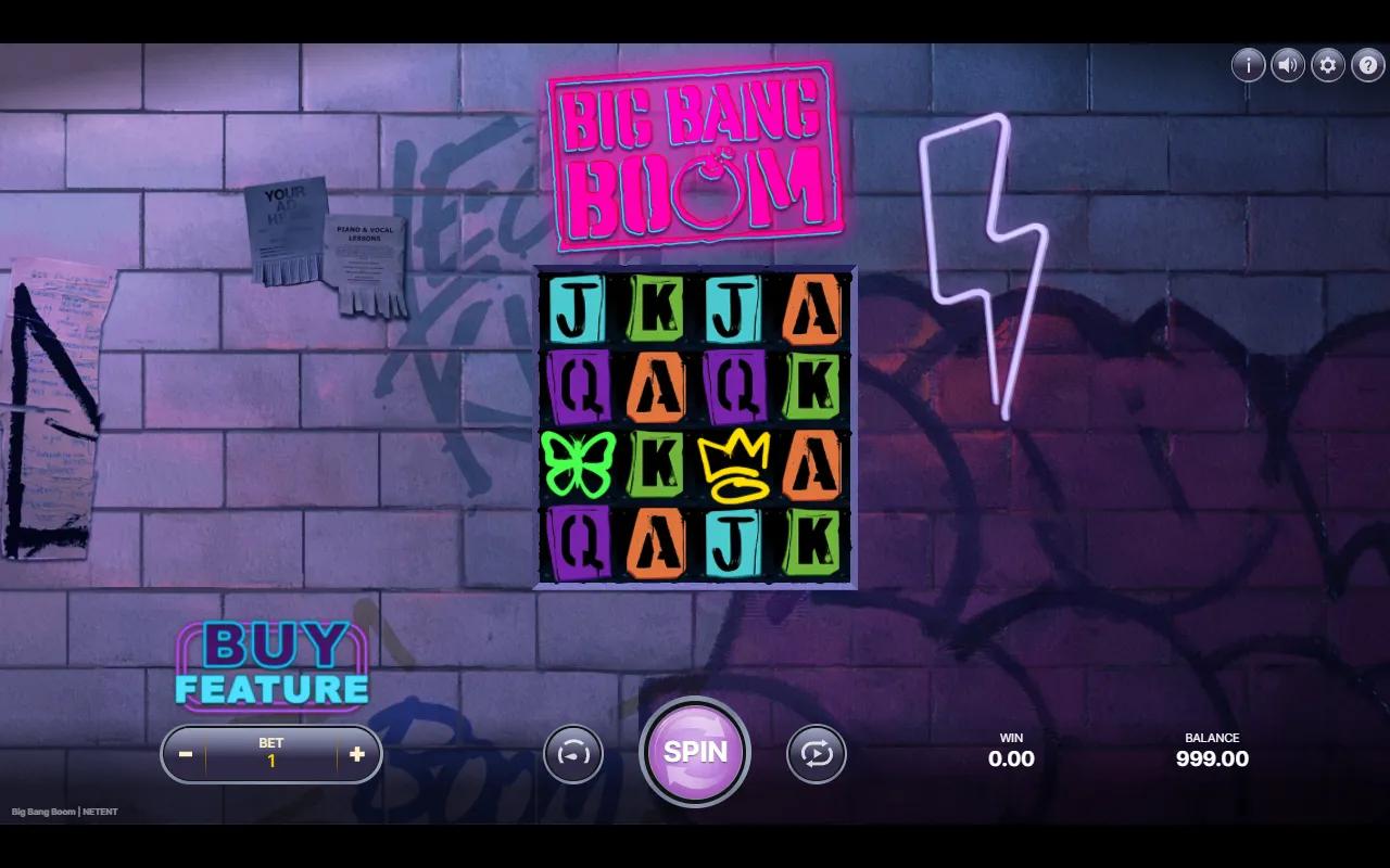 Big Bang Boom slot gameplay showing the 4x4 neon graffiti grid with crown, heart and smiley stencil symbols