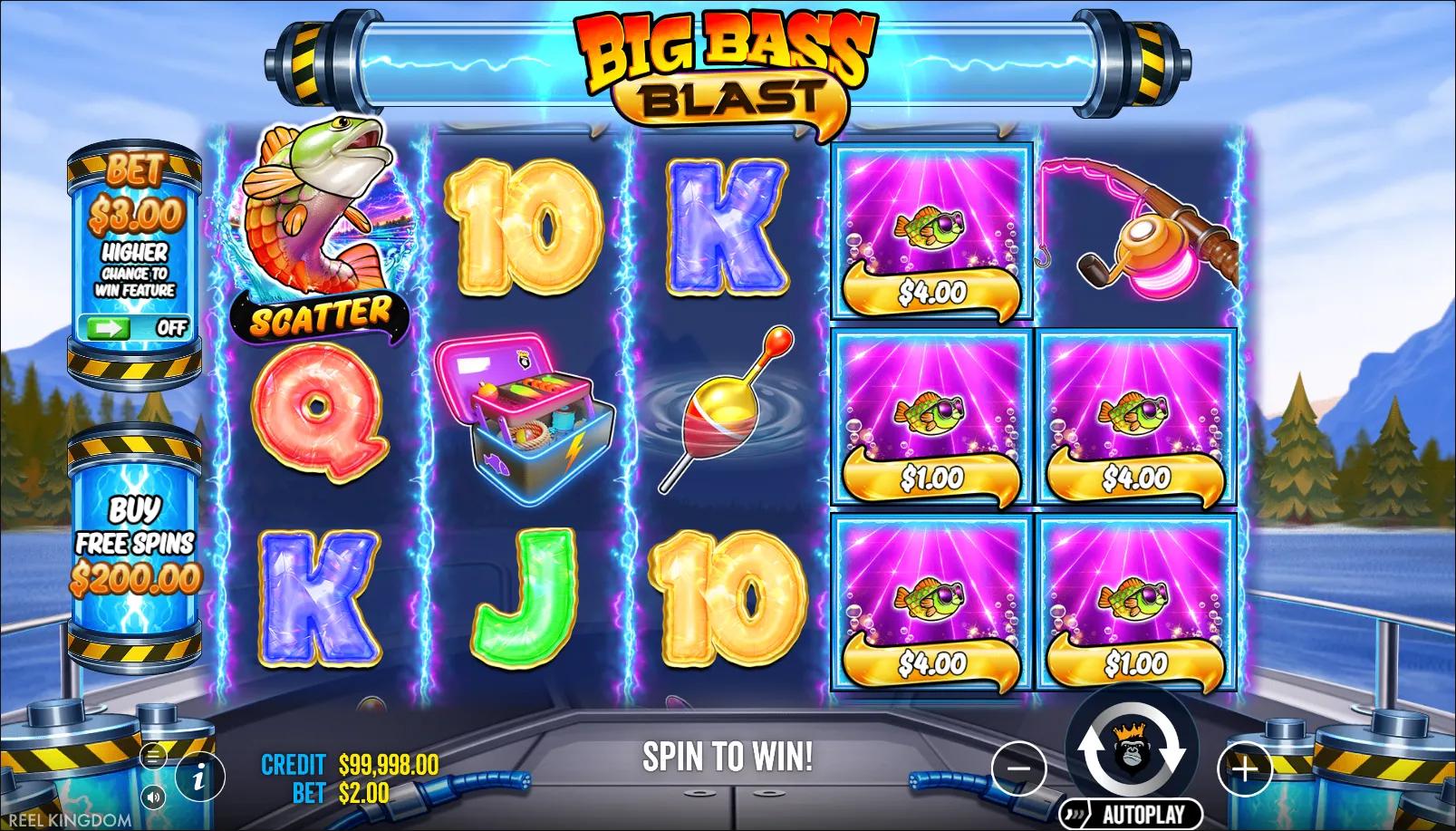 Big Bass Blast slot gameplay showing 5x3 grid with electric lightning effects and lake fishing background