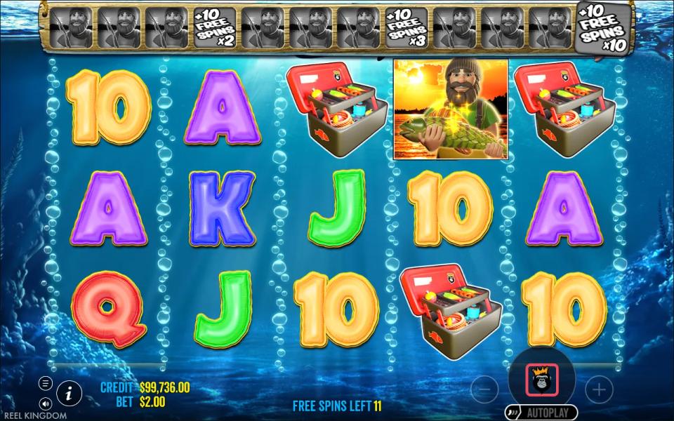 The Big Bass Bonanza fisherman wild on reel 4 during free spins, with no money fish anywhere on the board
