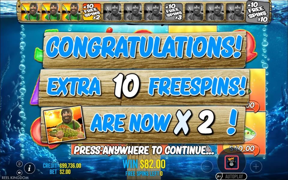 Big Bass Bonanza retrigger screen awarding ten extra free spins with the money collection multiplier now at 2x