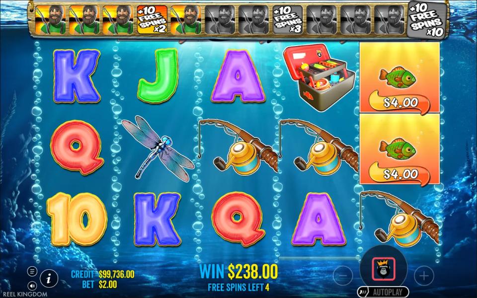 Big Bass Bonanza free spins round showing a 238 dollar running total with four spins remaining