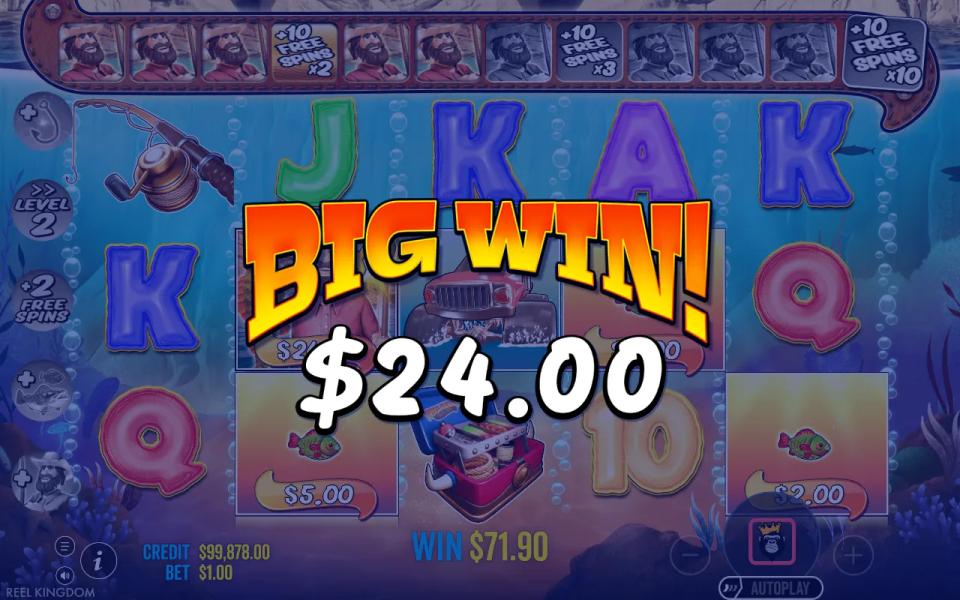Big Bass Splash free spins with the fisherman meter across the top lit past the first +10 free spins x2 step and a big win banner over the reels