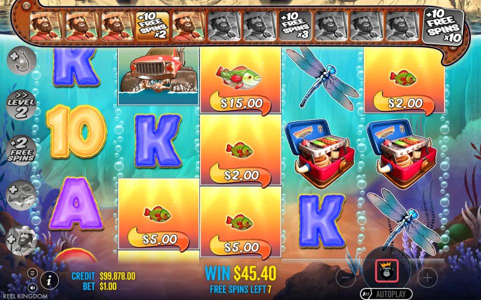 Big Bass Splash free spin with five fish money symbols on the reels and no fisherman wild to collect them