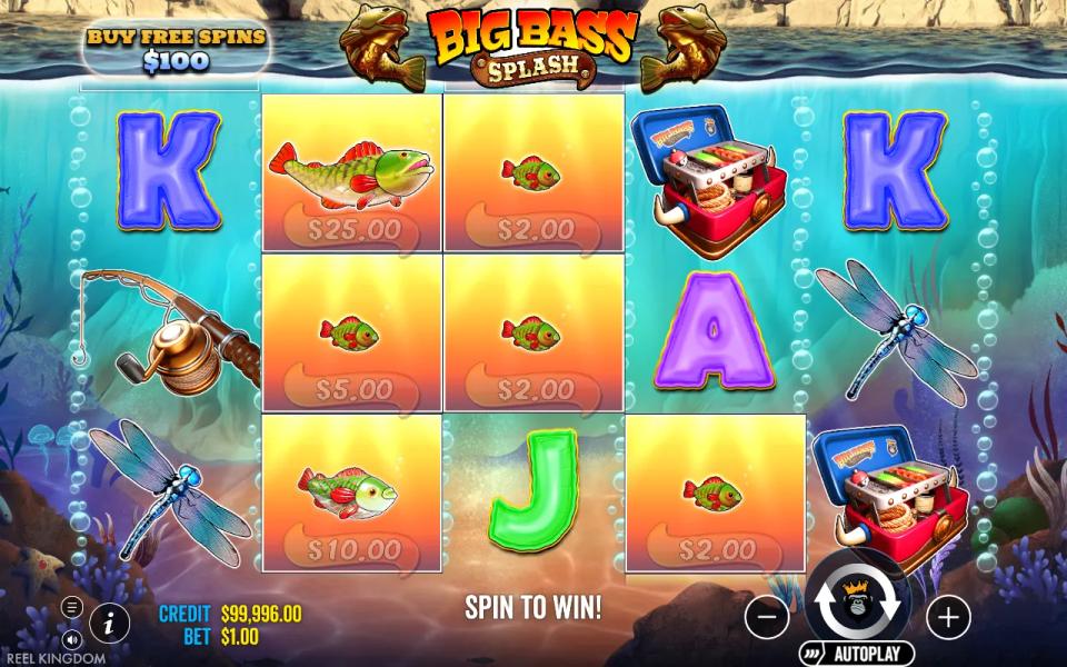 Big Bass Splash base game board with six fish money symbols showing cash values and no win