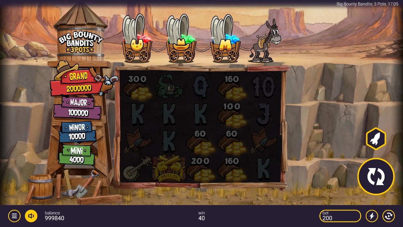 Big Bounty Bandits 3 Pots slot gameplay showing the 5x4 grid with gold coin values, the jackpot ladder and three collecting carts